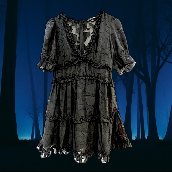 STORY ON Black Sheer Lace V Neck Puff Short Sleeve Dress SZ SM - Picture 11 of 12